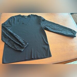 Talbots Black V-Neck Sweater with Lace Sleeves